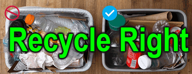 images of recycling containers filled right and wrong.