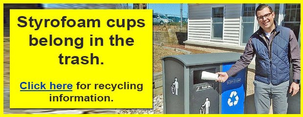 image of placing styrofoam cup in garbage as opposed to recycling bin.