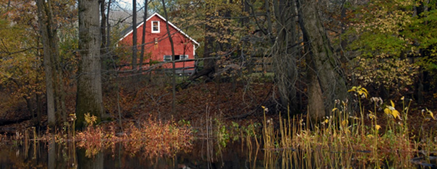 Image of the Passaic River and Red Barn in the Fall